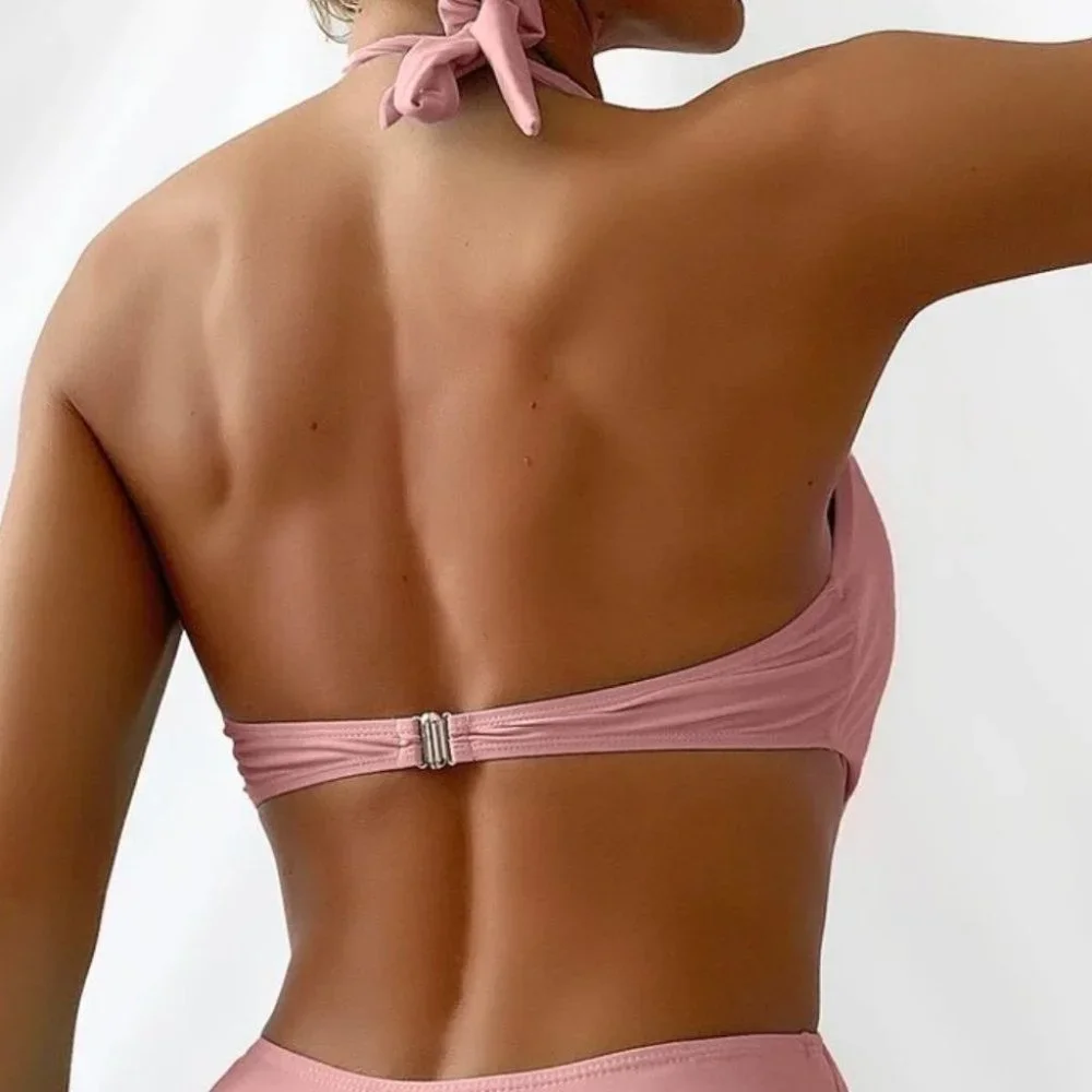 PINK ONE PIECE MONOKINI CUT OUT DETAILED HALTER NECK SWIMSUIT - Picture 6 of 6